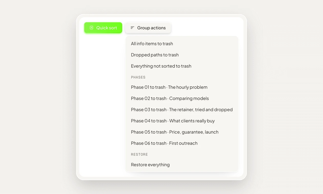 Group actions: send a whole phase to the trash, or restore everything