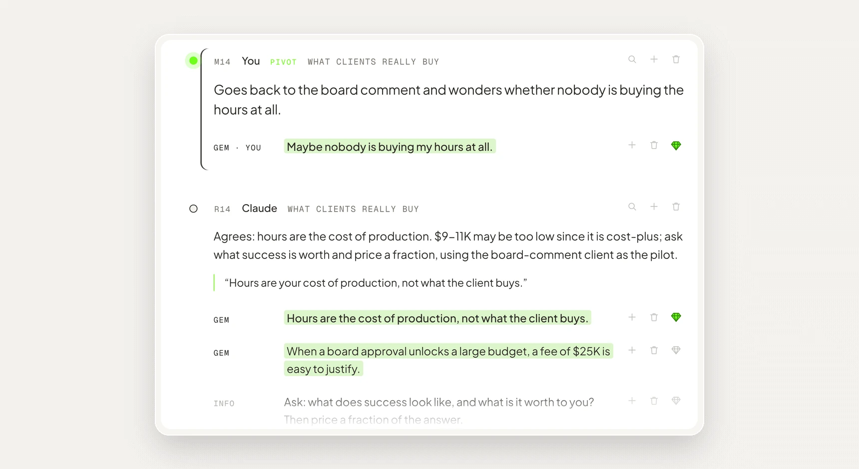 The pivot at message 14: maybe nobody is buying my hours at all