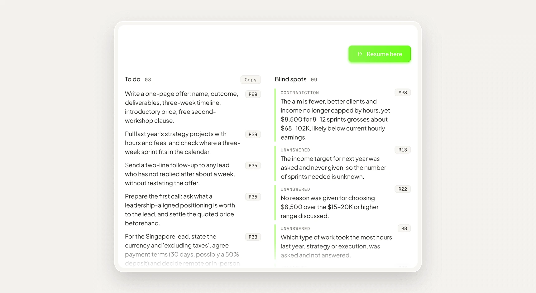 The to-do list and the Resume here button